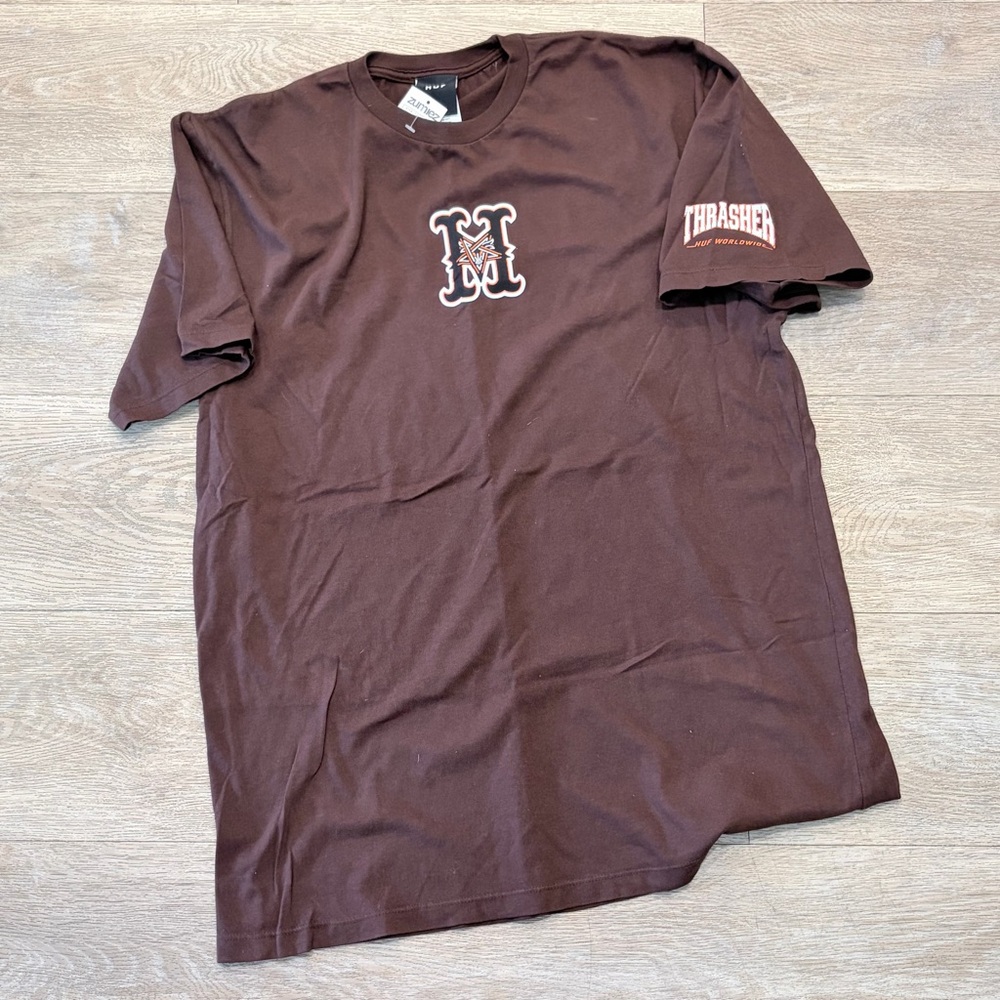 Mens HUF Thrasher Brown T-Shirt with Logo L NWT